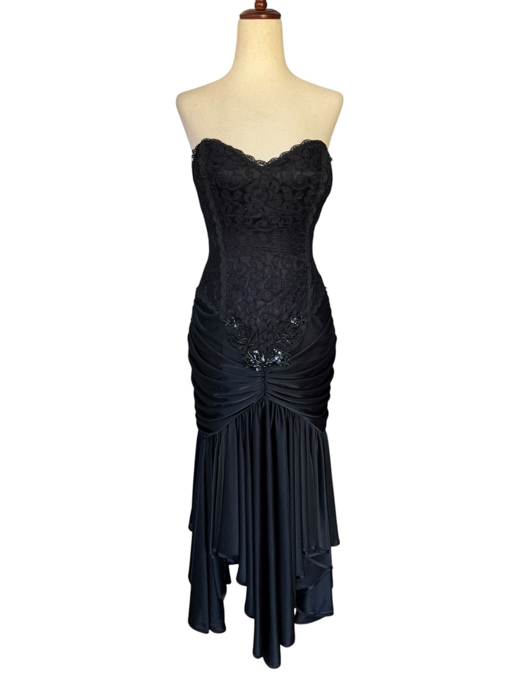Vintage 80s New Leaf Strapless Black Lace & Draped Evening Dress Whimsygoth XS